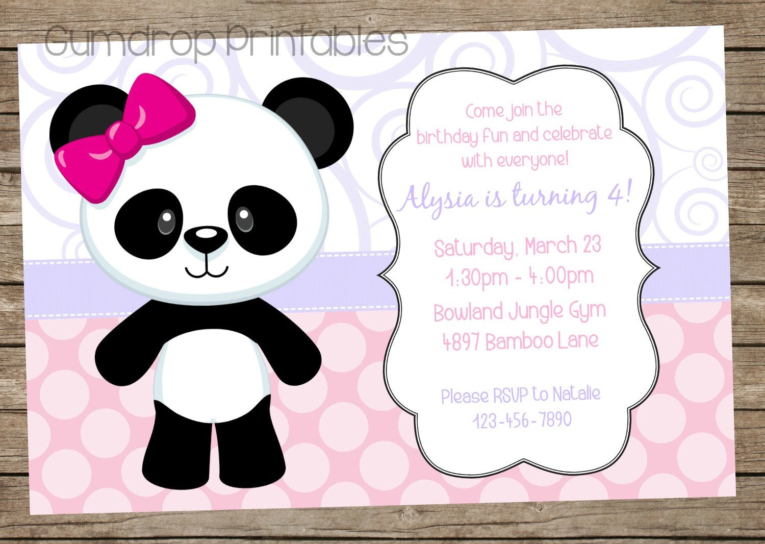 Cute Girl Panda Bear Printable Birthday Invitation | Etsy