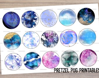 May include: A set of 15 printable circle stickers featuring watercolor galaxy designs in shades of blue, purple, pink, and gold. The stickers are perfect for adding a touch of whimsy to your crafts, gifts, or home decor. The text "Pretzel Pug Printables" is at the bottom of the image.