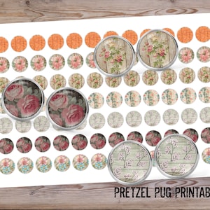 May include: Printable sheet of 48 round stickers featuring vintage floral patterns and wood grain designs. The sheet includes two larger stickers with a floral design on a wood grain background. The text "Pretzel Pug Printables" is at the bottom of the sheet.