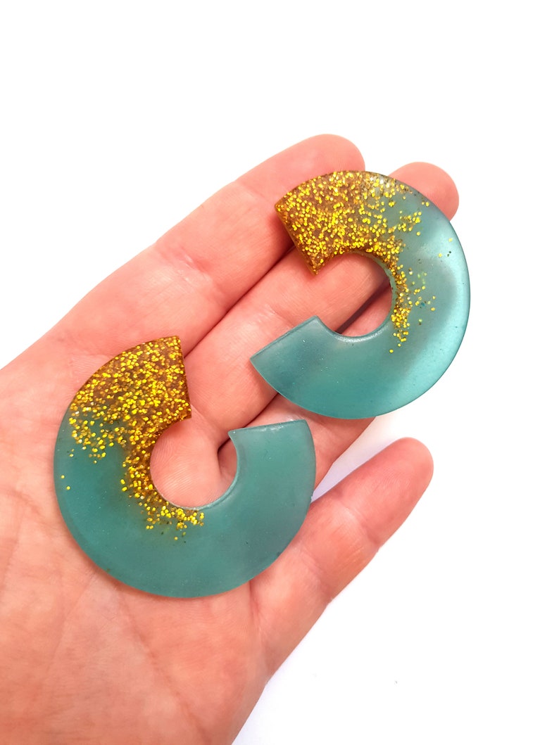 ear stud hoops Translucent turquoise chunky hoop earrings blue and gold stud earrings