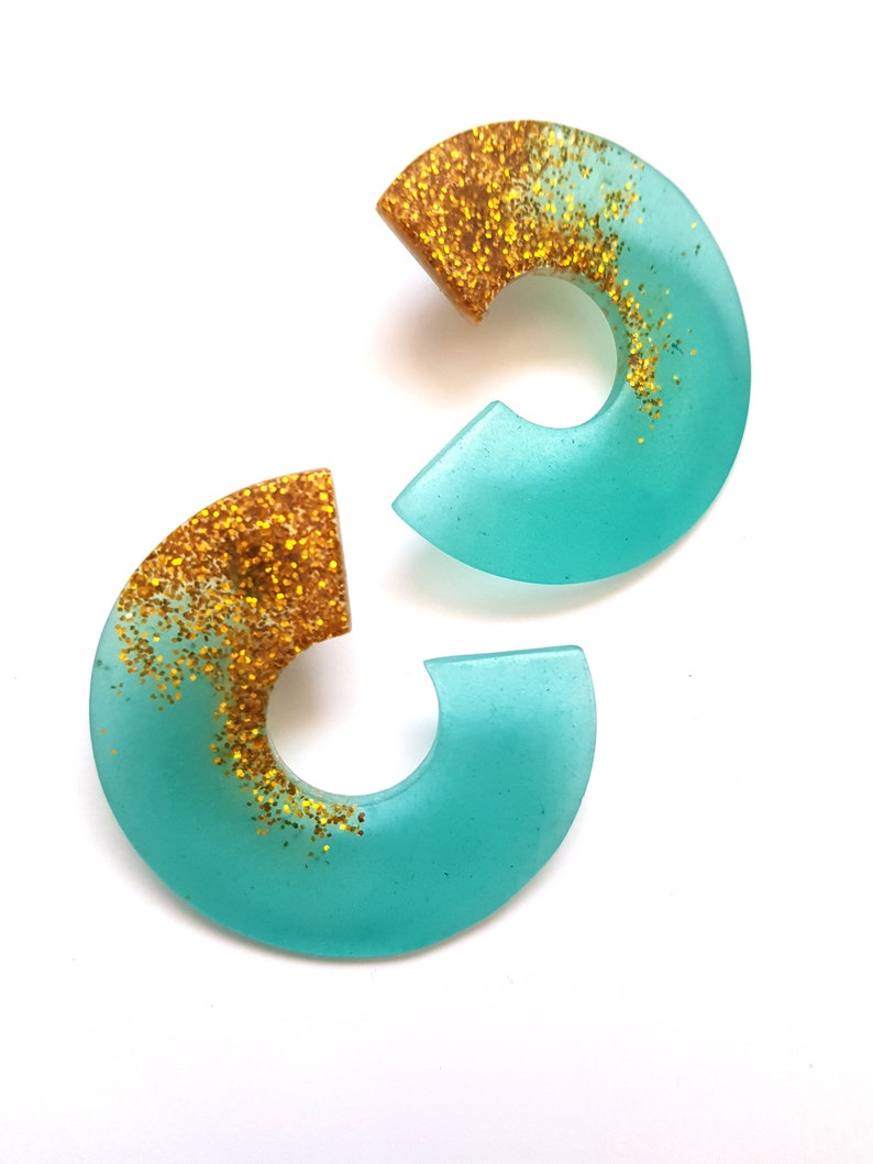 ear stud hoops Translucent turquoise chunky hoop earrings blue and gold stud earrings