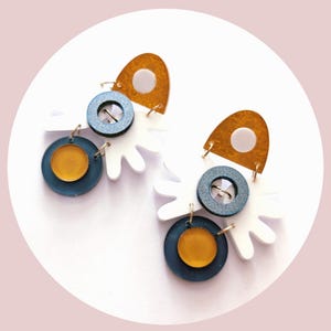 Abstract shape acrylic earrings, blue white and ochre geometric statement earrings, handmade jewellery