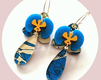 Blue orchid earrings, handmade acrylic hoop earrings, bold floral earrings