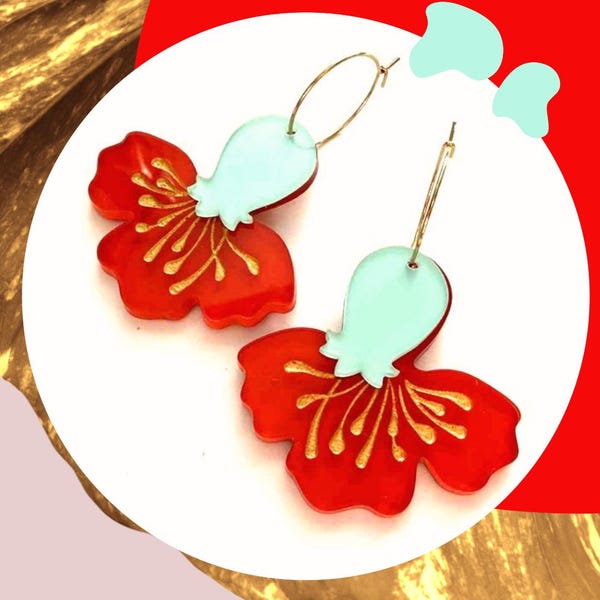 Pendientes de aro florales, pendientes acrílicos rojos y menta, joyería hecha a mano.