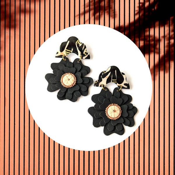 Big floral earrings in black and light pink, faux suede earrings, yupo paper jewellery, dangle drop floral earrings , statement jewellery