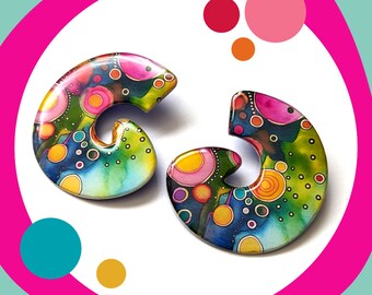 Oversized abstract swirl earrings, big multicolour statement stud earrings, handmade Yupo paper and resin jewellery