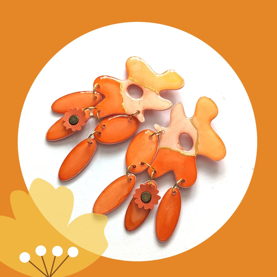 Long Drop Earrings in Orange Colours, Geometric Earrings With Flower