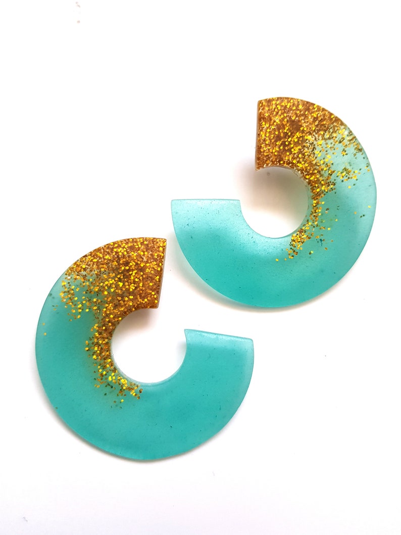 ear stud hoops Translucent turquoise chunky hoop earrings blue and gold stud earrings