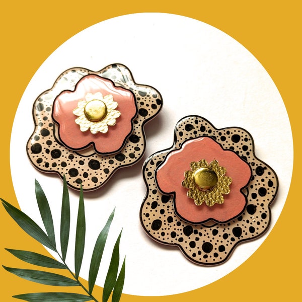 Oversized spotty flower ear studs, large blush pink floral earrings, handmade Yupo paper and resin jewellery