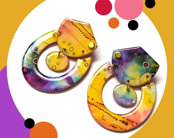 Large statement multicolour earrings, abstract watercolour dangle drop stud earrings, handmade resin jewellery