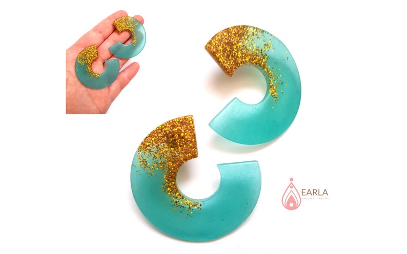 ear stud hoops Translucent turquoise chunky hoop earrings blue and gold stud earrings