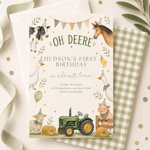 Oh Deere 誕生日招待状テンプレート、トラクター誕生日招待状、農場誕生日パーティー招待状、中立的な農場動物トラクター、編集可能なCanva