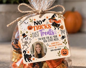 Halloween Realtor Pop By Tag, No Tricks Just Treats, Editable Canva Real Estate Gift Tag, Client Treat Tag, Realtor Marketing
