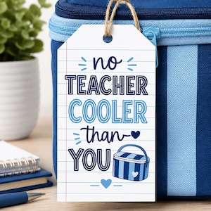 May include: A white tag with the text "no TEACHER COOLER than YOU" in blue, attached to a blue and white striped lunch bag. The tag features a small illustration of a lunch bag and hearts.