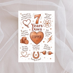 May include: An anniversary card with a copper theme, featuring the text "7 Years Down" and illustrations of a heart, coins, and a horseshoe. The card includes phrases such as "Lucky in love!" and "We're perfectly connected!"