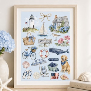 May include: A framed art print featuring watercolor illustrations of Nantucket-themed icons including a lighthouse, sailboat, cottage, blue bicycle, whale, golden retriever, American flag, beach chair, umbrella, seashells, and a basket of blueberries.