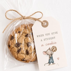 Puede incluir: Una galleta con chispas de chocolate en una bolsa de plástico transparente atada con un cordel marrón. Incluye una etiqueta de papel color crema con el texto "WHEN YOU GIVE A STUDENT a cookie" y un dibujo de un ratón con peto azul sosteniendo una galleta.