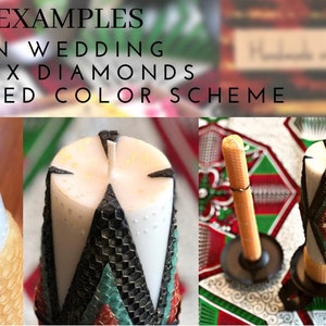 May include: Three beeswax candles, one with a geometric design and two plain, on a green and red patterned tablecloth. The candles are on black candle holders. The text "African Wedding Beeswax Diamonds Preferred Color Scheme" is at the top of the image.