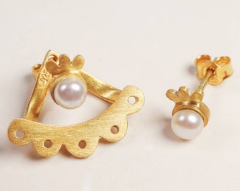 Pearl Lace Jacket Earring · Gold Romantic Studs Gift for Birthday · STERLING SILVER 925 · Trend Evening Stud Earring · Chic Minimal Jewelry