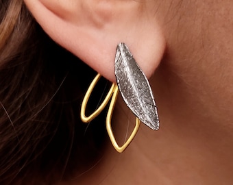 Nature Lover Earrings ▷Sterling Silver Ear Jacket◁ Modern Chic Design • Double Sided Front Back Earring Gift For Birthday Girl • Lotus Leaf