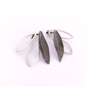 Two Tone Ear Jacket ▷Leaf Earring Pair◁ Sterling Silver & Black Modern Chic Design • Double Sided Front Back Earring Gift For Birthday Girl