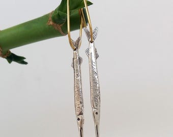 Fish Earrings, Sterling Silver NeedleFish Hoop Earrings, Fishergirl Gift, Summer Coastal Earrings, 3D Sealife Figurine, Beach Tropical Fish