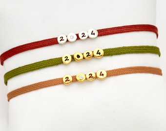 2024 Bracelet Gold & Zircon, Color Cord Bracelet Silver Number Disc, Sterling Silver + Gold Plated Design, New Year Luck Charm, Holiday Gift