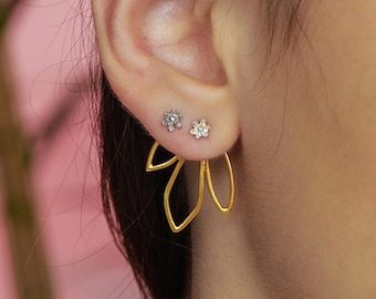 Lotus Ear Jacket Front Back Earrings ▷ Water Lily Stud Earrings ◁ Modern Chic Style Girl Outfit | STERLING SILVER 925, Double side leaf stud