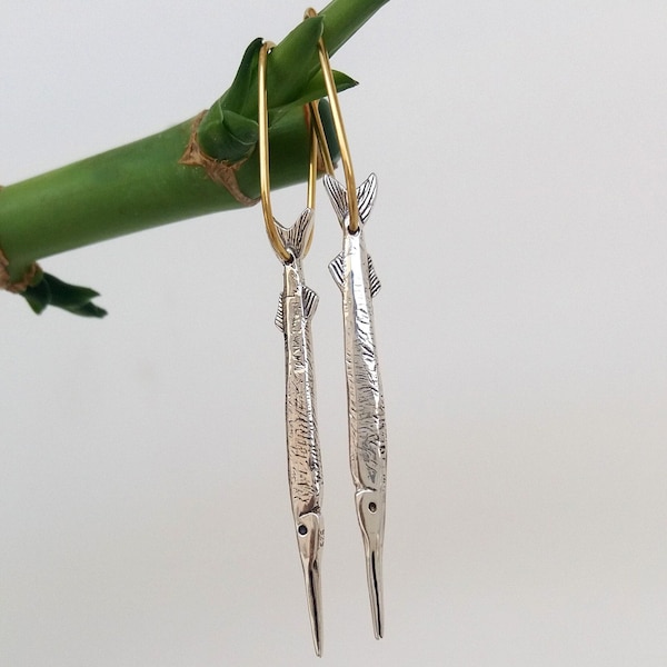 Fish Earrings, Sterling Silver NeedleFish Hoop Earrings, Beach Woman Hoop Earrings,Silver Summer Earrings, 3D Sealife Figurine,Tropical Fish
