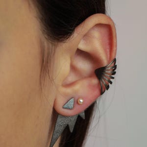 Wrap Earring -Cuff  Earring- Silver Ear Cuff - Geometric Sterling Silver Earring - Black Silver Earring - Spike Earring- Non pierced earring
