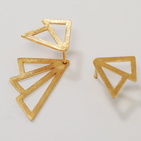 Front Back Ear Jacket • Sterling Silver Earrings - Geometric Modern Matte Finish and 24k Yellow Gold Plating • DOUBLE SIDED Stud Teen Gift