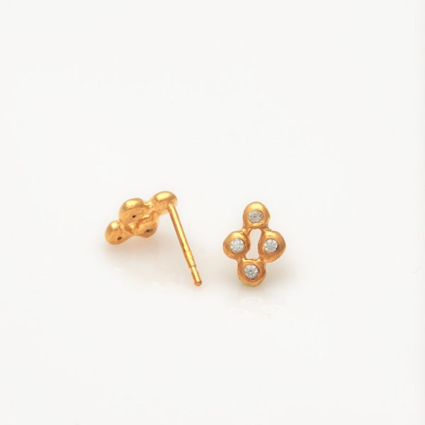 Four Zirconia Bezel Stud - Gold Studs with Zirconia Diamond Stone - Handwrought Goldsmith Jewellery - LePetitMagique Tiny Studs for Her