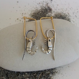 Shrimp Sea Life Earrings • Sterling Silver 3D Shrimp Hoop Eariring • Angler Women Jewelry • Sea Marine Creature • Ocean Animal Jewelry