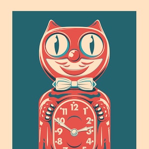 May include: A red cat-shaped clock with a white bow tie and a clock face with black hands and white numbers. The clock is hanging from a long red tail.