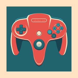 Könnte beinhalten: Ein roter Nintendo 64-Controller mit blauen Knöpfen und dem Text "ULTRA 64" auf der Oberseite. Der Controller befindet sich vor einem blaugrünen Hintergrund.