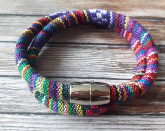 Peruvian Manta Fabric Bracelet | round wrap bracelet with silver magnetic clasp | handmade Inca style jewelry