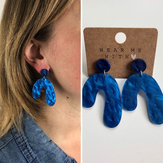 Cobalt Blue Statement Earrings With Asymmetric Pendant Synthetic Resin Lightweight Plastic Earrings Epoxy Organic Shape Etsy Ireland