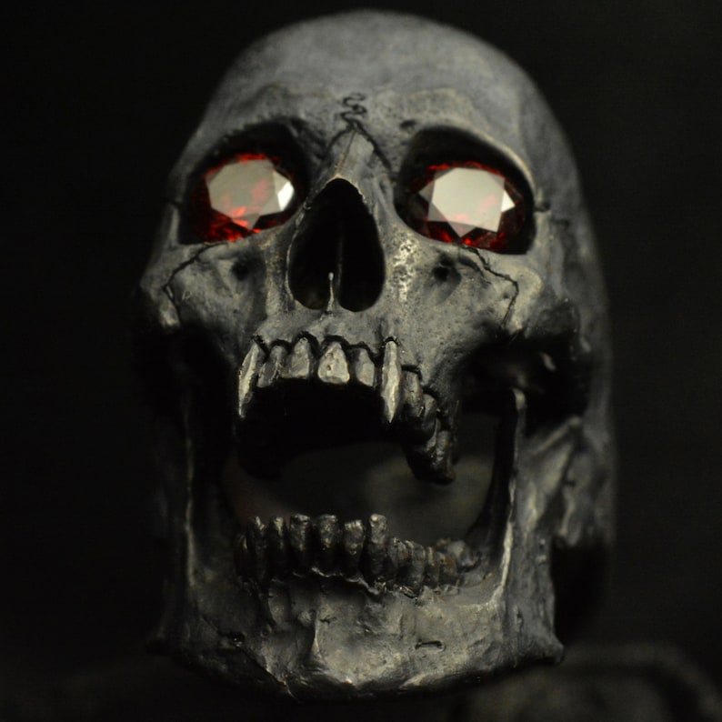 Into The Fire Jewelry Skull ring Vampire open jaw Red Garnets silver mens skull biker masonic handmade jewelry .925 etsy 22 image 1