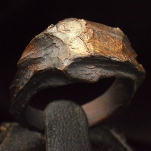 Op de afbeelding: Een getextureerde ring in donkerbruin en goud met een unieke, onregelmatige vorm. De ring is gemaakt van metaal en heeft een ruwe, organische uitstraling.