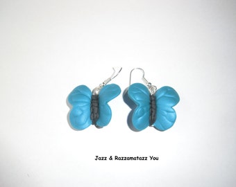 Handcrafted Fimo Pearl Butterfly/Butterflies Earrings - Turquoise/Peacock