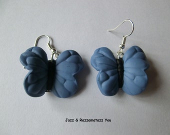 Handcrafted Fimo Pearl Butterfly/Butterflies Earrings - Denim Blue