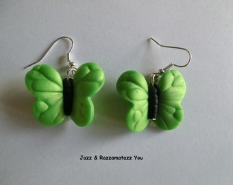 Handcrafted Fimo Pearl Butterfly/Butterflies Earrings - Lime Green