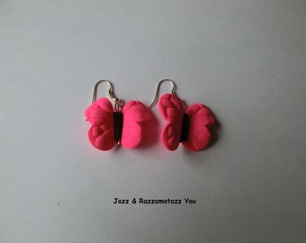 Handcrafted Fimo Pearl Butterfly/Butterflies Earrings - Candy Pink