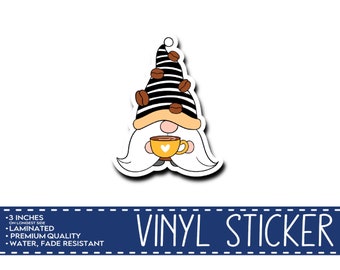 Coffee Bean Gnome - 3" Vinyl Sticker - Coffee Lover, Laptop Decal, Water Bottle, Phone Accessory, Unique Gift, Barista Gift, Cozy Vibe