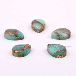 May include: Five pear-shaped green and copper gemstone cabochons. The gemstones have a mottled pattern of green and copper.