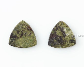 May include: Two green, brown, and white triangular shaped gemstone cabochons.