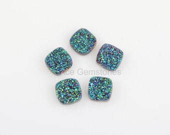 Superb Peacock Green Color Druzy Cushion Gemstone, Peacock Green Coated Druzy 12mm Cushion Flat Back Gemstones - 2 Pcs.
