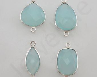 Aqua Chalcedony Gemstone Charms 925 Sterling Silver Bezel Station Connector and Charm, 1 piece