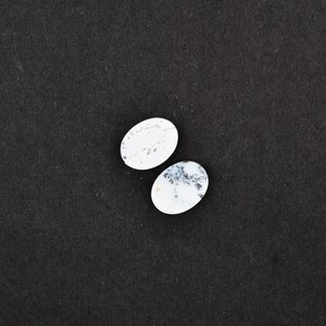 May include: Two oval-shaped white agate cabochons with black dendritic patterns. The cabochons are set against a black background.