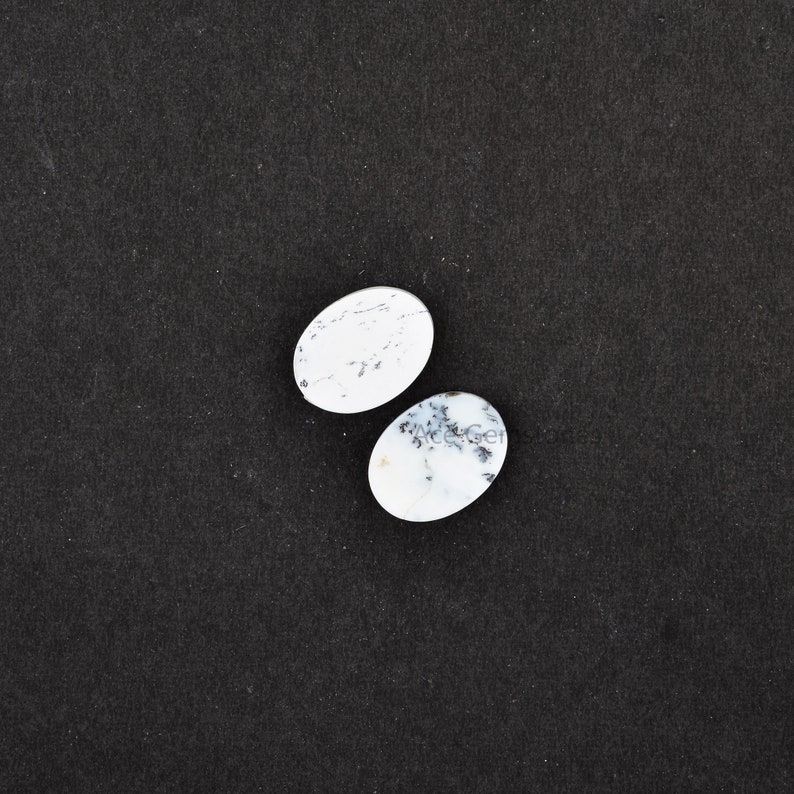 May include: Two oval-shaped white agate cabochons with black dendritic patterns. The cabochons are set against a black background.
